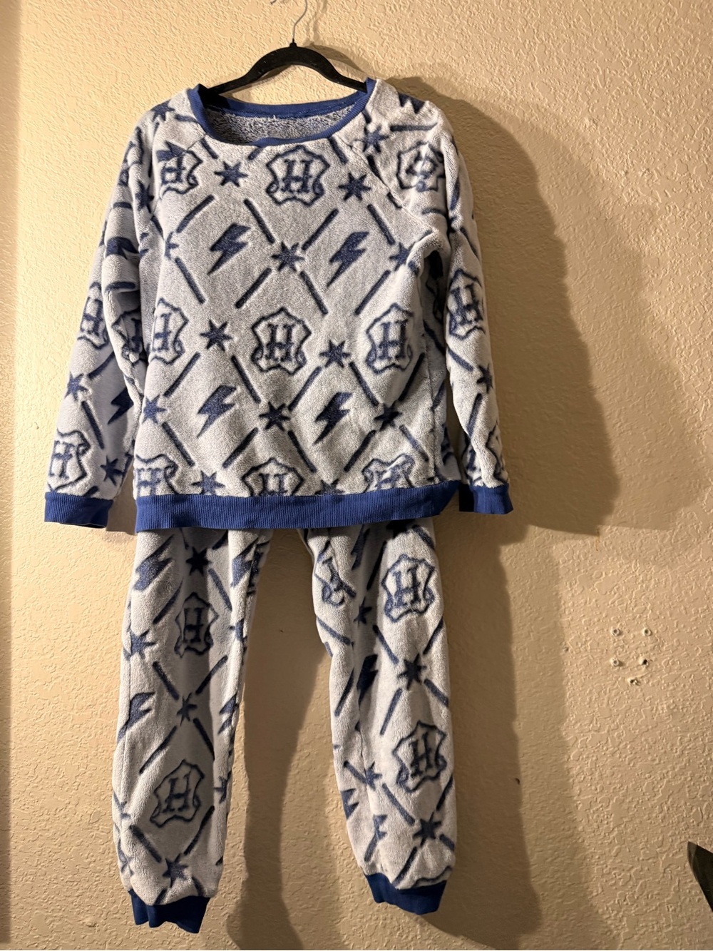 Fleece Pajama Set in Light Blue with Navy Accent